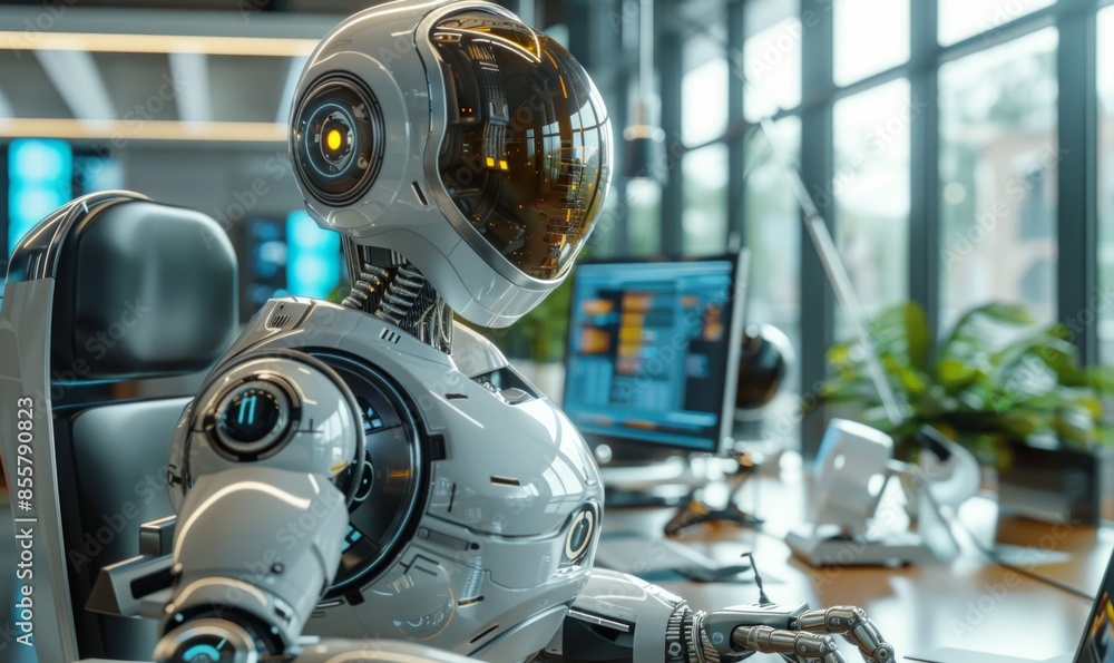 Poster a robot working at a computer in the modern office