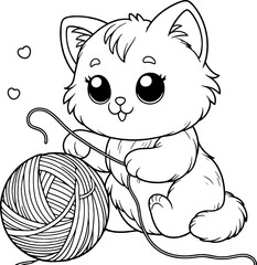 The picture of a cute cat playing with a ball of yarn is suitable for a kindergarten coloring book pattern