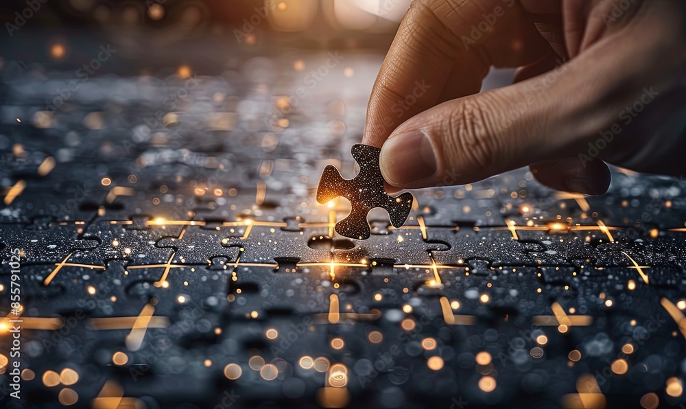 Poster hand connecting digital puzzle pieces, concept of system integration and software technology