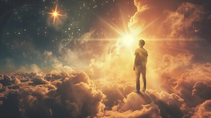 Obraz premium Praying young man against a cloudy sunny sky