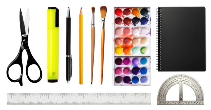 Art supplies and stationery tools png set