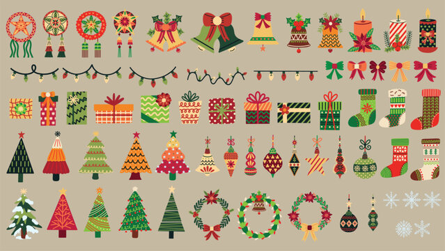 Festive Christmas decorations illustration set. Christmas trees, bells, stockings, string lights, ornaments, baubles, lanterns, snowflakes, gifts, ribbons and more. Hand drawn vector illustrations.