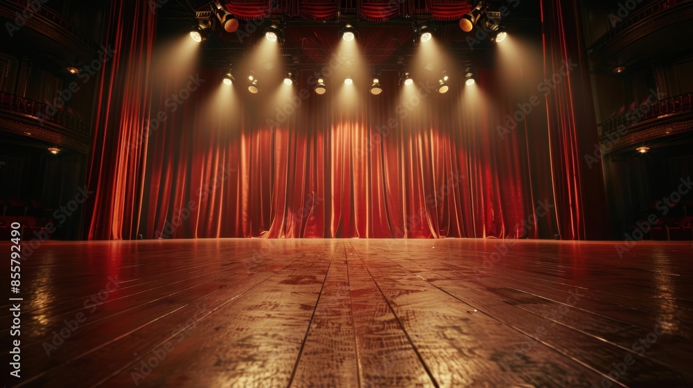 Poster an empty theater stage with closed red curtains and illuminated spotlights, capturing the anticipati