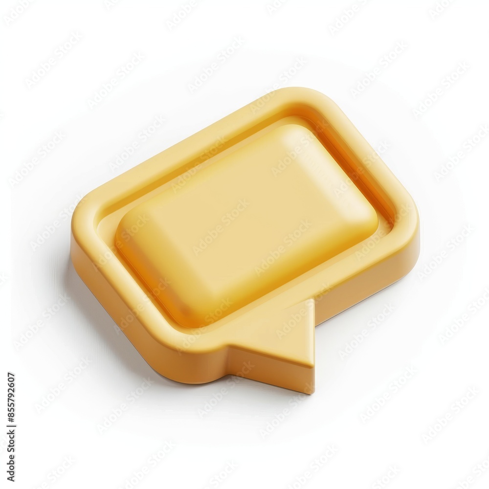 Poster a 3d glossy yellow speech bubble with white text lines, a modern volume rectangle text bubble, and a