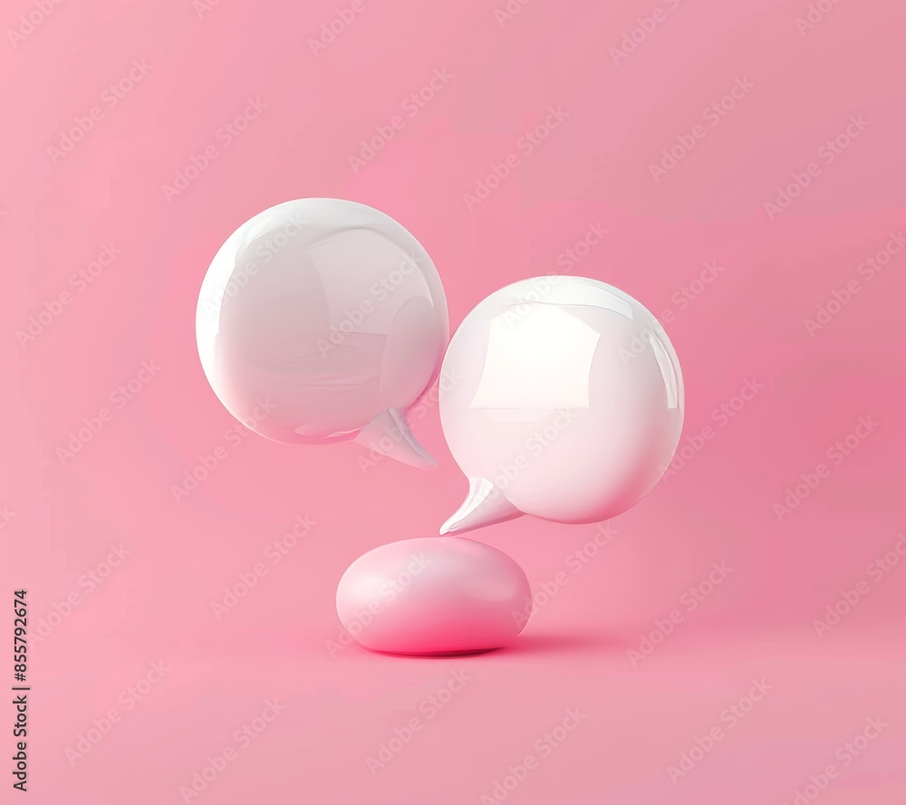 Poster 3d glossy white empty speech bubbles, modern volume rectangle and square text bubbles on pink backgr
