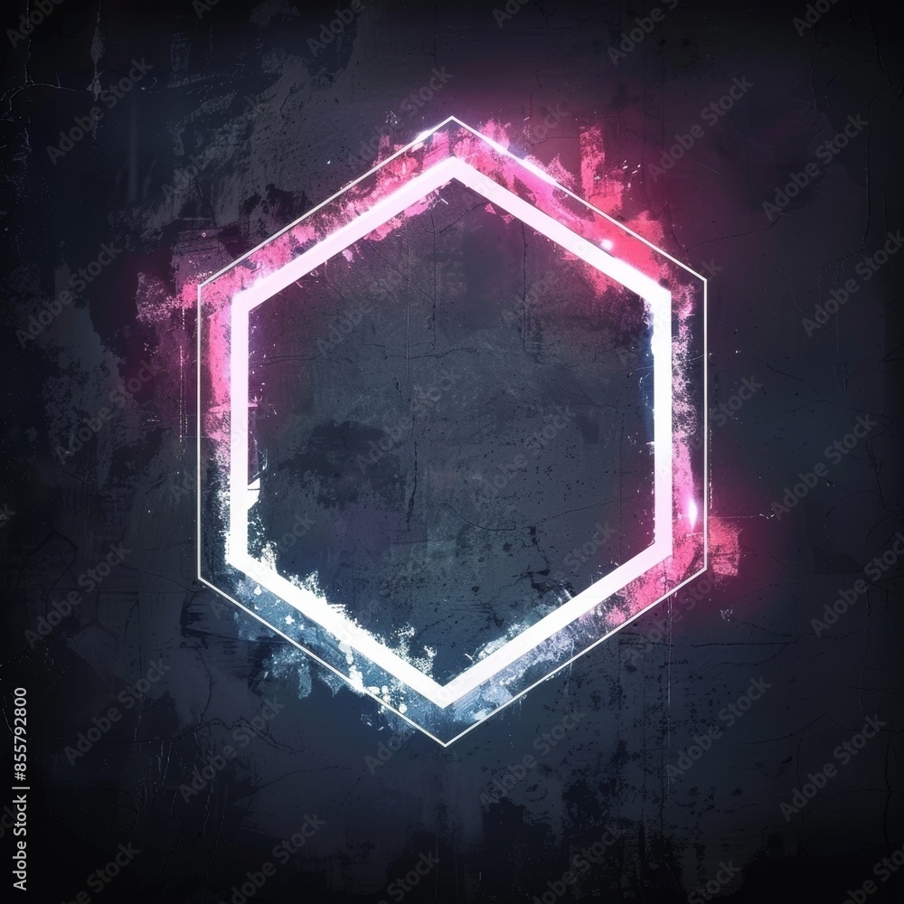 Poster the hexagon is filled with glitches and digital noise, has a modern illuminated dynamic border and a