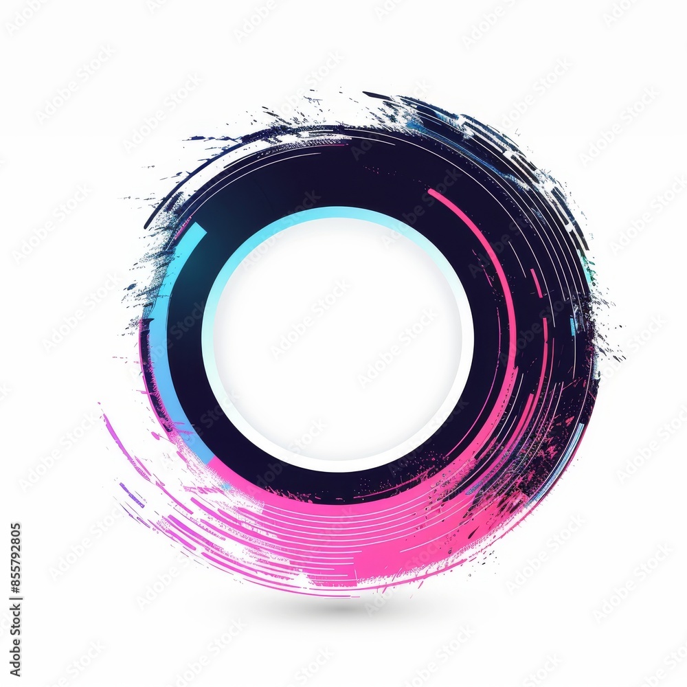 Poster a circular modern image with a glitch and digital noise effect, and an abstract frame with broken gl