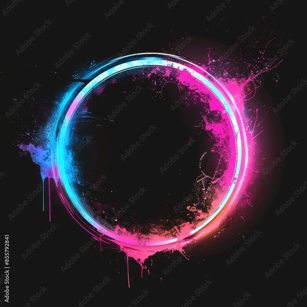 Poster the image features a glowing white circle with glitch, a digital noise effect, a modern round dynami