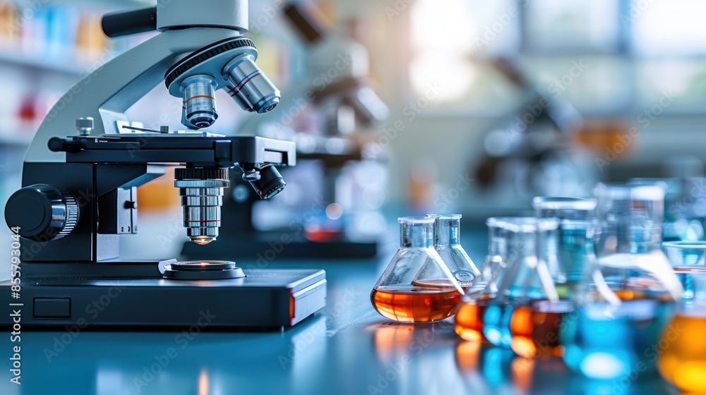 Poster a laboratory microscope beside flasks of colorful chemical solutions on a lab bench, representing sc
