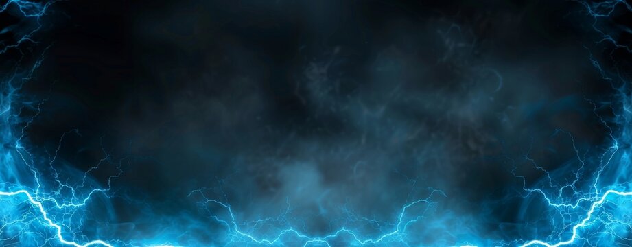 Stylish modern frame design with a stormy blue sky, smoke, and fog on a black background