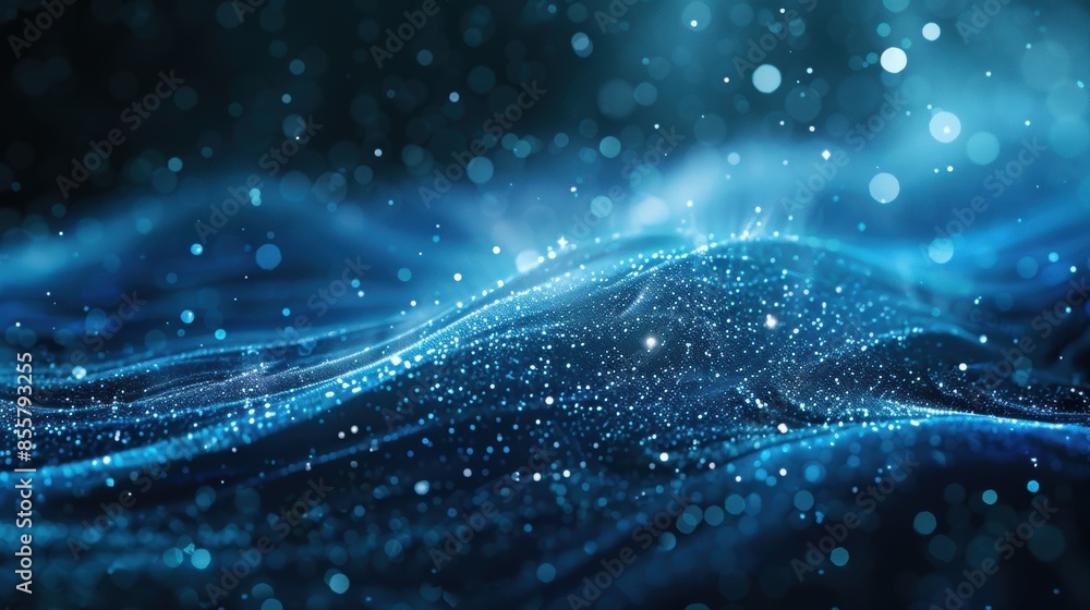 Poster abstract wave of sparkling blue light particles creating a sense of motion and depth on a dark backg