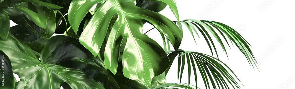 Poster 2. design a realistic depiction of a monstera tree against a white background, accompanied by a path