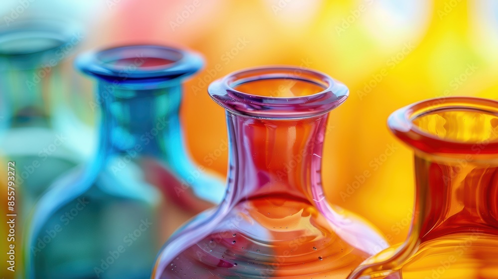 Poster close-up of vibrant glass bottles in various colors, captured in soft focus, creating a colorful and