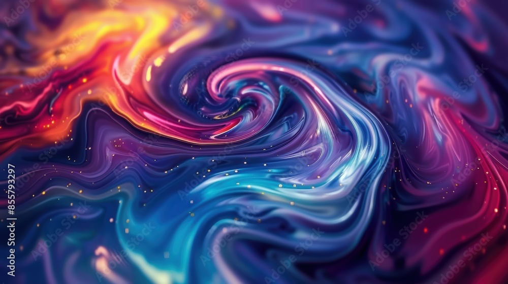 Poster abstract image with swirling vibrant colors, resembling a cosmic or galactic scene, featuring fluid 