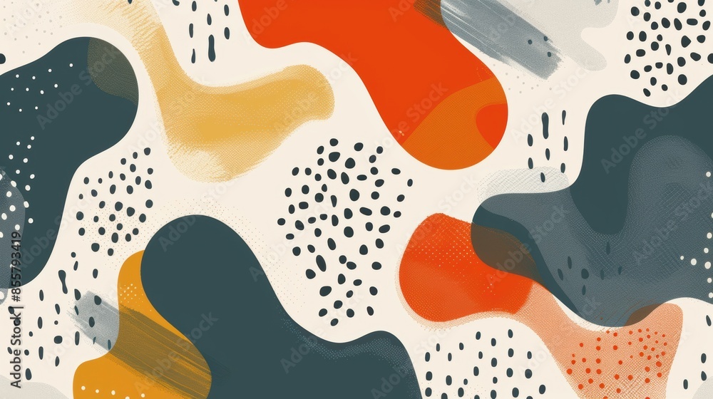 Poster contemporary abstract art featuring bold organic shapes in earthy tones and patterns, creating a mod