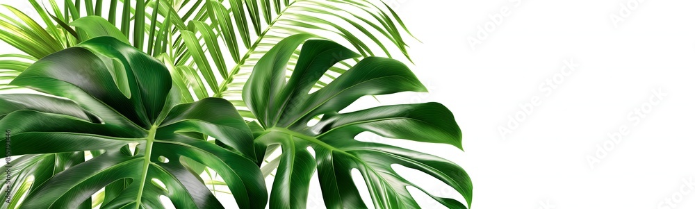 Poster 2. design a realistic depiction of a monstera tree against a white background, accompanied by a path