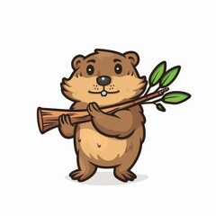 Obraz premium Bear holding dry logs with leaves in its paws and with a flat tail as a modern image