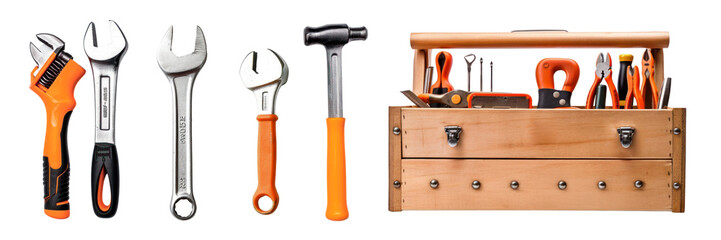 PNG Wooden toolbox with various tools set