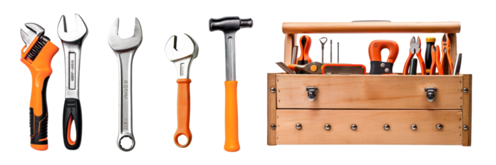 PNG Wooden toolbox with various tools set