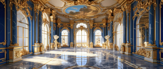 luxury royal interior in baroque style. very bright, hall with expensive old style furniture. large windows and stucco ornament - Powered by Adobe