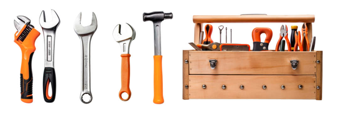 PNG Wooden toolbox with various tools set