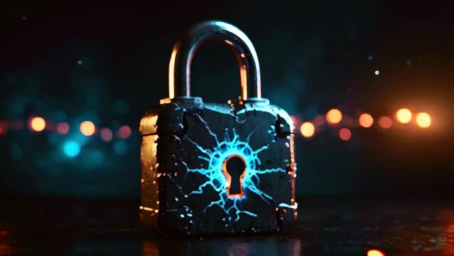 This is a video of a silver padlock with a glowing blue keyhole. The lock is in front of an out of focus background of blue and yellow lights.