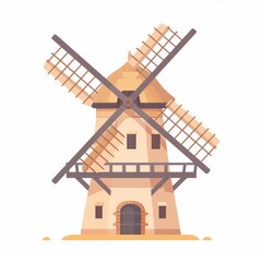 An illustration of an old windmill modern flat, a retro rural building, a stone tower with a propeller, vintage country farming