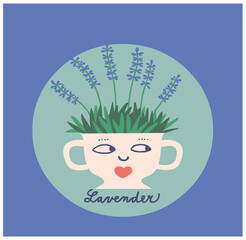 fresh lavender in flower pot, funny cute face, flat design