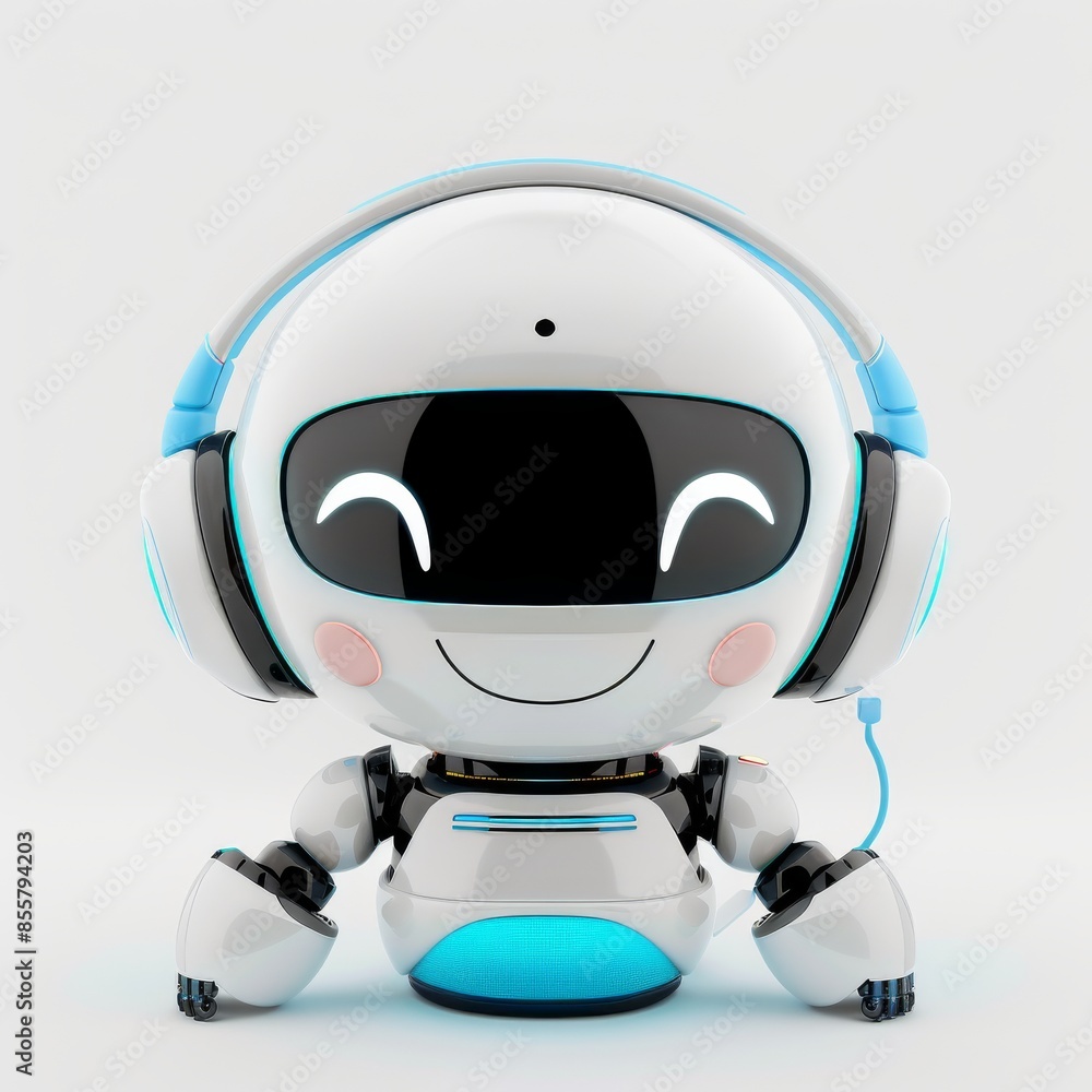 Poster the 3d model of the chatbot robot head with microphone and headphones is a realistic 3d modern. this