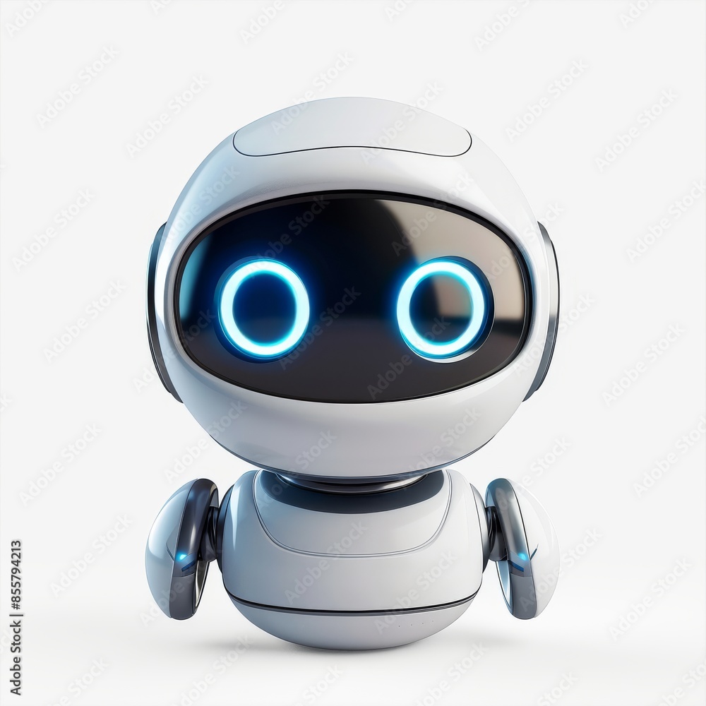 Poster modern illustration showing a smart, smiling character with artificial intelligence in a cute 3d art