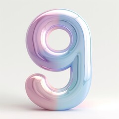 A 3D glossy plastic pink number 9 nine with a liquid surface with holographic reflection modern, and realistic volume Y2K font digits