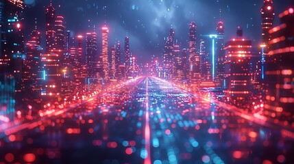 An abstract design featuring a futuristic digital grid on a dark cyberpunk cityscape. The neon-lit buildings and holographic displays create a high-tech and immersive atmosphere.