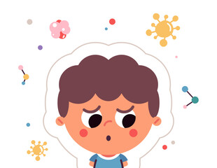Cute child and boy character immune protection system flat vector illustration isolated on background.
