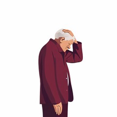 Alzheimer's disease-stricken elderly man holds his head anxiously with his hands.