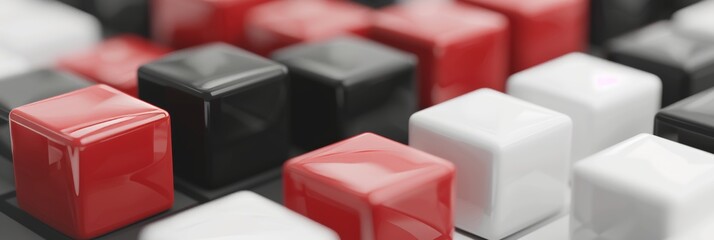 3D game cubes in red, black, and white, grouped together.