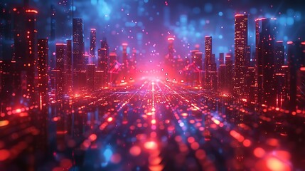 Fototapeta premium An abstract design featuring a futuristic digital grid on a dark cyberpunk cityscape. The neon-lit buildings and holographic displays create a high-tech and immersive atmosphere.