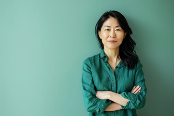Fototapeta premium Portrait of a glad asian woman in her 40s with arms crossed isolated on solid pastel color wall