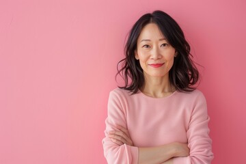 Fototapeta premium Portrait of a glad asian woman in her 40s with arms crossed over solid pastel color wall