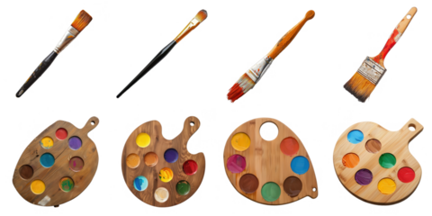 Paintbrush and pallete png isolated object set transparent background for all purpose.
