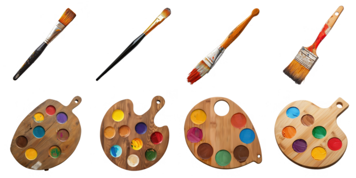 Paintbrush and pallete png isolated object set transparent background for all purpose.