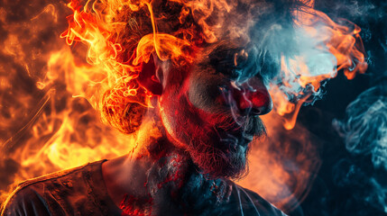 Man surrounded by fire and smoke in dramatic lighting. Generative AI	