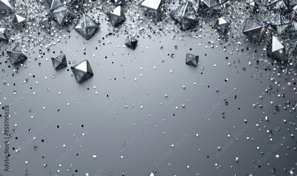 Poster Grey background with sparkling grey confetti and grey sequins and sparkling diamonds in a grand size bottom to middle image with a square shape