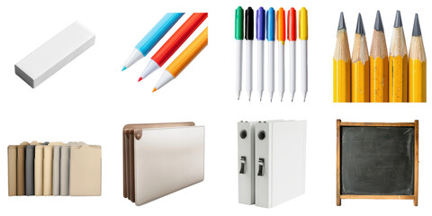 Stationery transparent collection set in png no background for decoration.