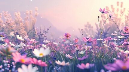 Obraz premium 3D illustration of a meadow filled with pink, lilac, white and yellow wildflowers and a soft summer's evening.