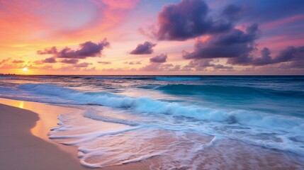 Obraz premium Stunning Beach Sunset with Vibrant Colors and Gentle Waves Crashing on the Sand. Generative AI