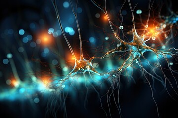 Neuron cells with glowing link knots. Blue green Neurons in brain.