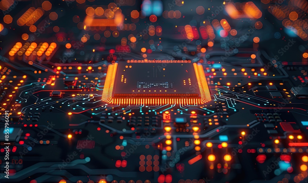 Poster a futuristic modern processor chip with multicolored neon lights and glowing interconnects on a blur