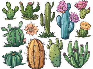 Fototapeta premium Isolated modern illustration of blooming cactuses and succulents.