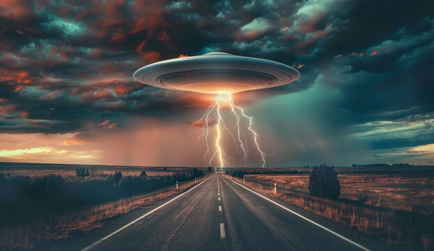 This 3D illustration depicts an alien spaceship emerging from storm clouds on earth.