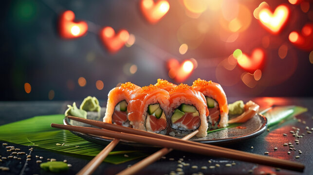 Overhead japanese sushi food. Maki ands rolls with tuna, salmon, shrimp, crab and avocado. Top view of assorted sushi, all you can eat menu. Rainbow sushi roll, uramaki, hosomaki and nigiri